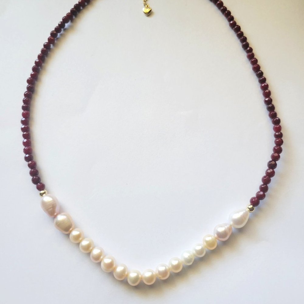 NEW Faceted Red Natural Ruby Gemstone with Freshwater Pearls Necklace